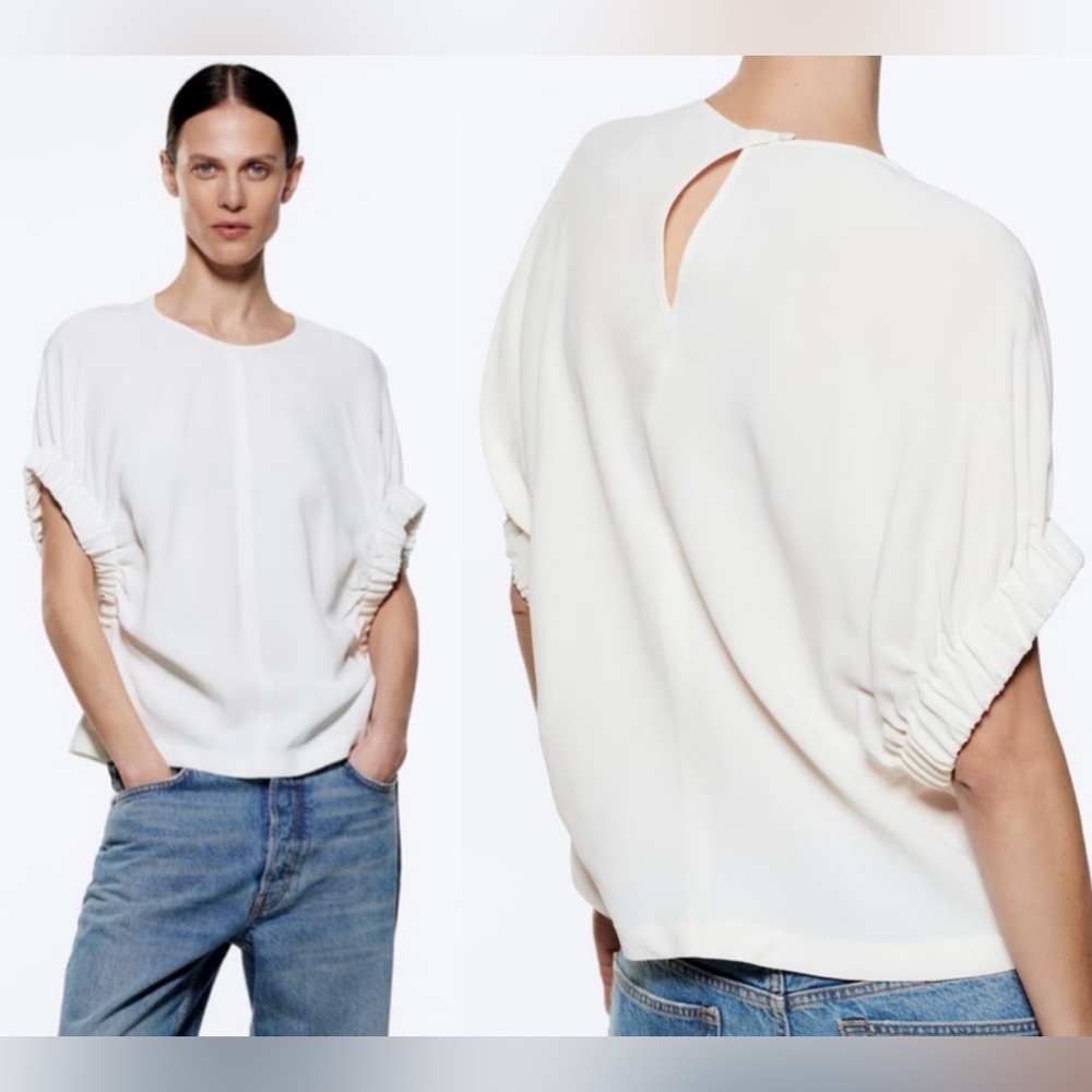Zara Flowy Ruched Short Sleeve Blouse White Size S NEW